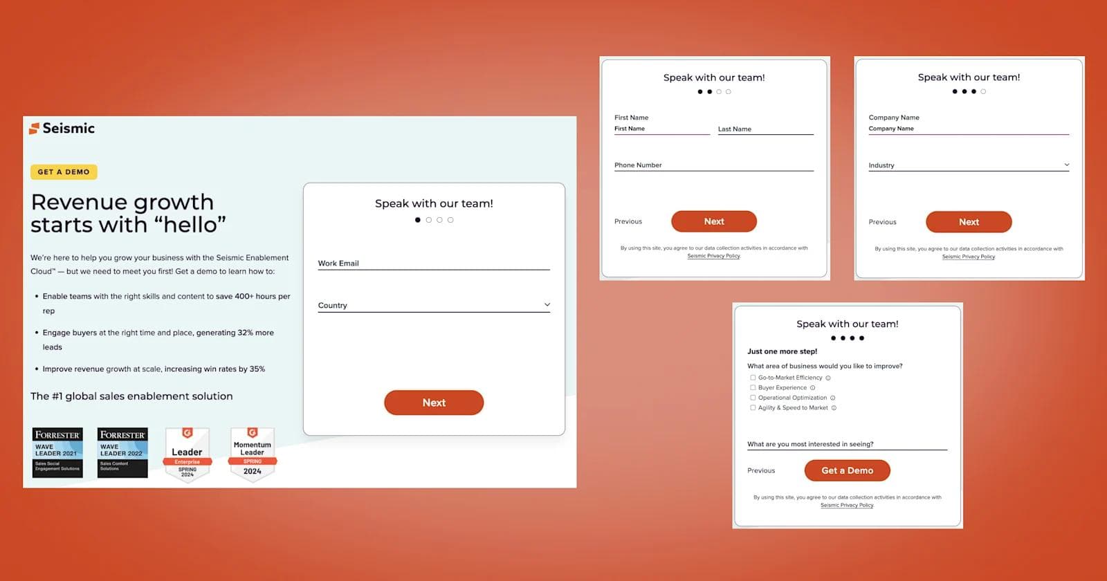Seismic multi step form Seismic sales enablement demo form with inputs for email, name, company, and improvement areas against an orange background.