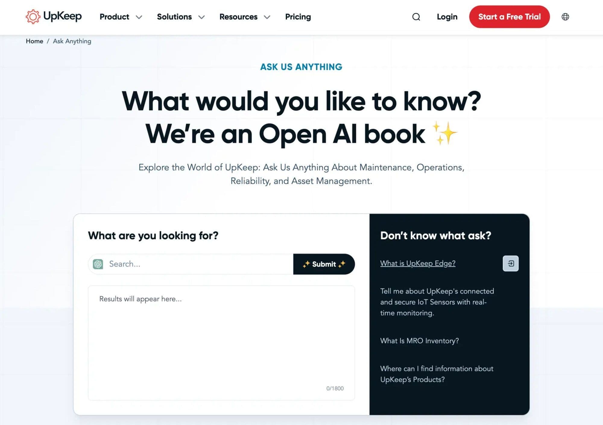 Website interface featuring a search bar, with options for asking AI about maintenance and operations topics.