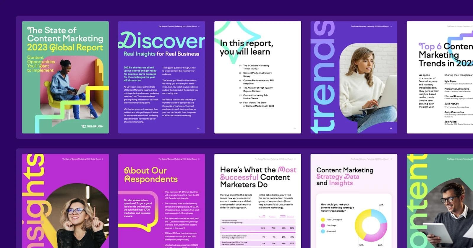 SEMRush-ebook-design A collage of pages from a Semrush ebook on "The State of Content Marketing 2023".
