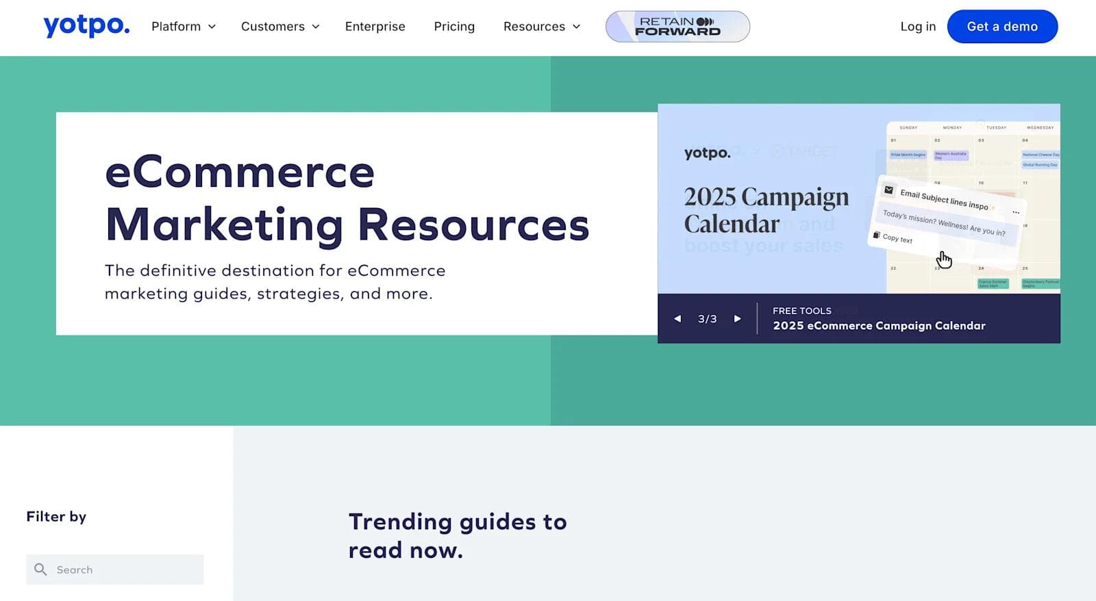yotpo resources Yotpo's eCommerce marketing resources page featuring guides, strategies, and a 2025 campaign calendar.