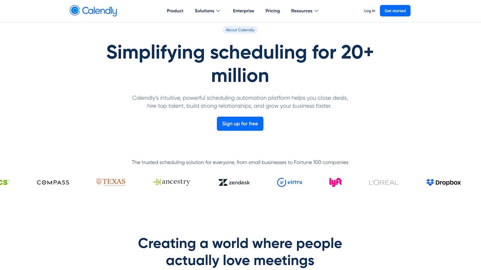 calendly about Calendly website promoting scheduling solutions for businesses, showcasing trusted brands and a sign-up option.