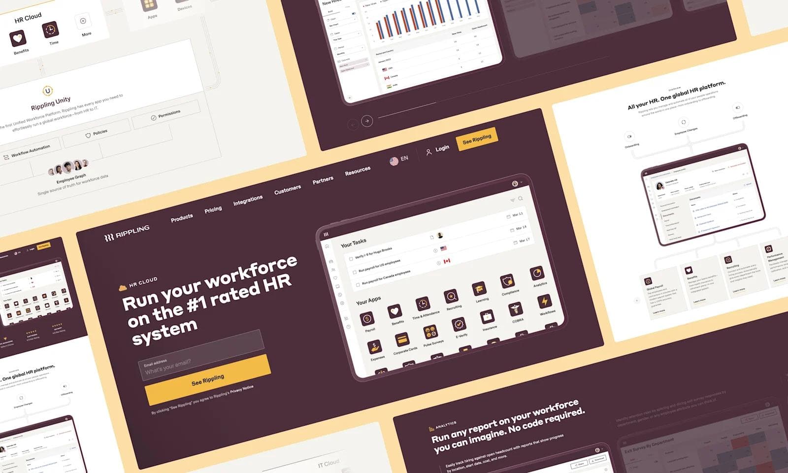 Rippling product page HR software interface showcasing features, analytics, and tasks for workforce management.