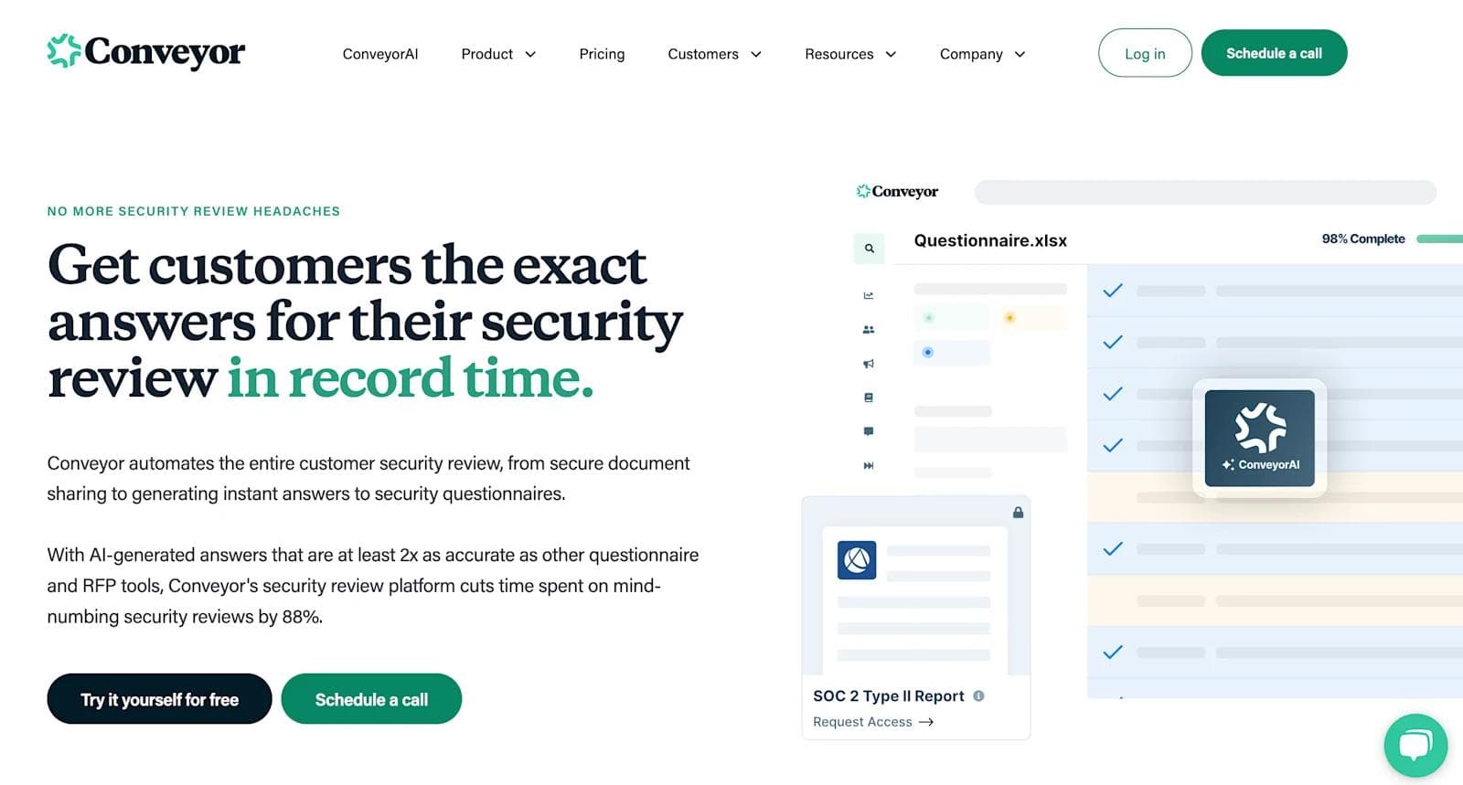 conveyor homepage Website screenshot showcasing Conveyor, an AI-driven security review automation tool.