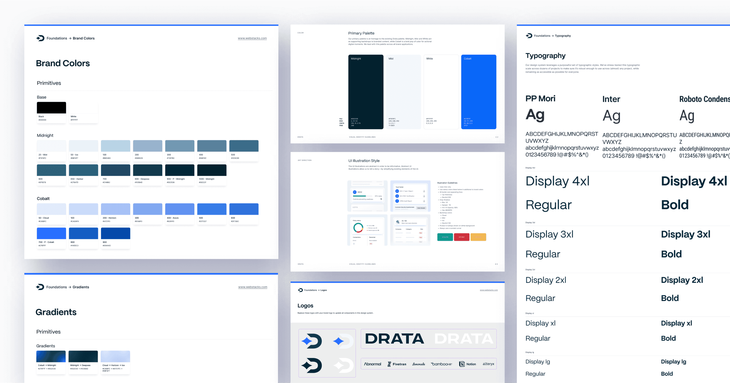 Brand guidelines featuring color palettes, typography styles, gradients, and logos on a structured layout.