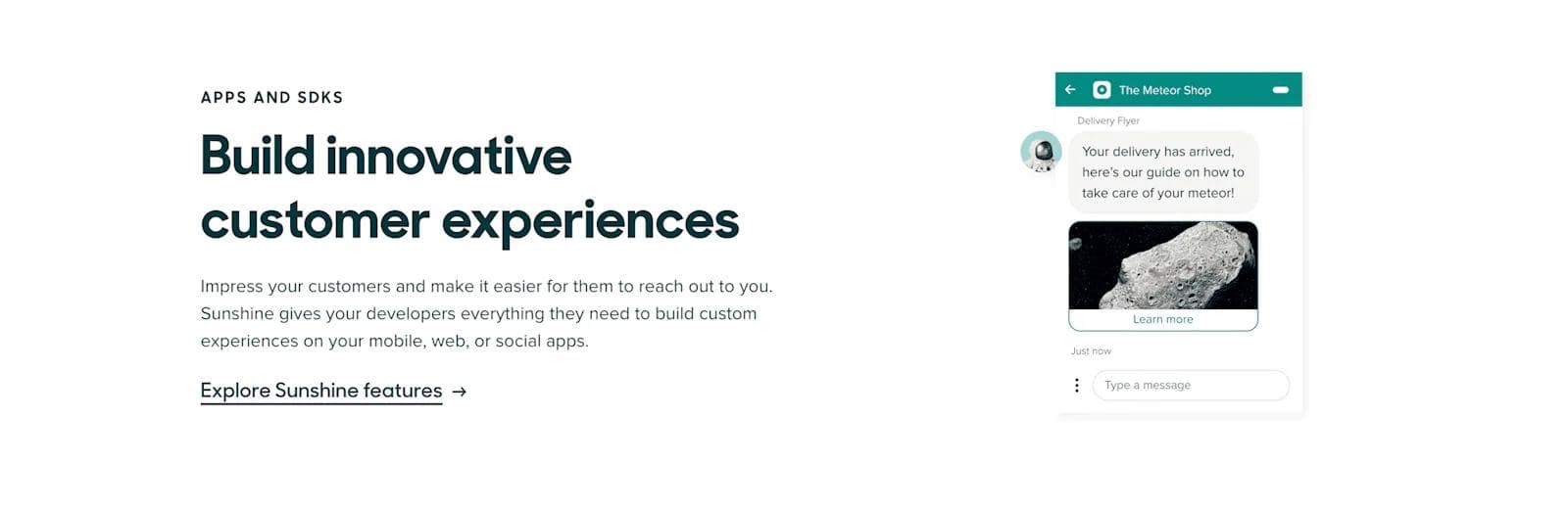 zendesk-solutions-illustration Text promoting Sunshine for building custom customer experiences via messaging apps with a delivery notification.