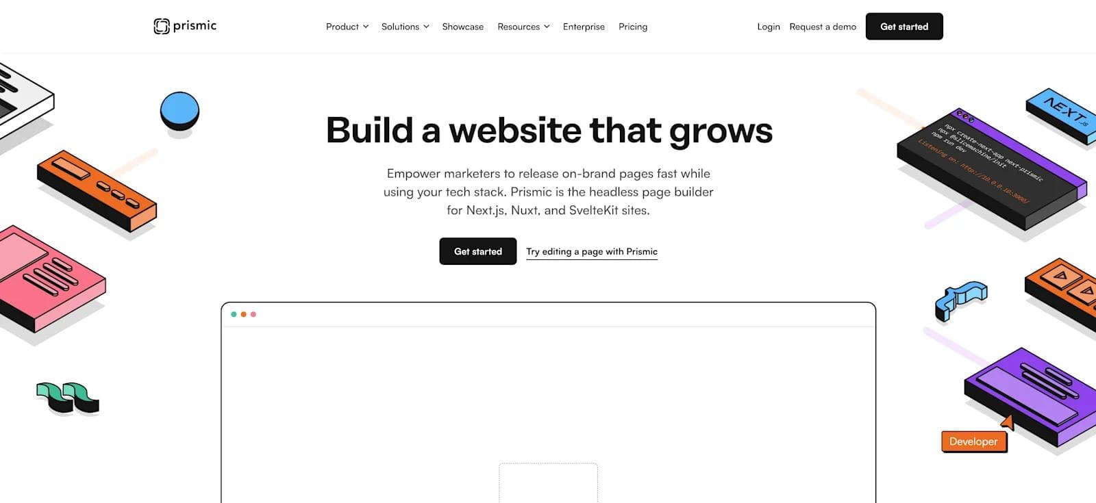 prismic-website Website homepage for Prismic, featuring a call to action for building websites using their headless page builder.