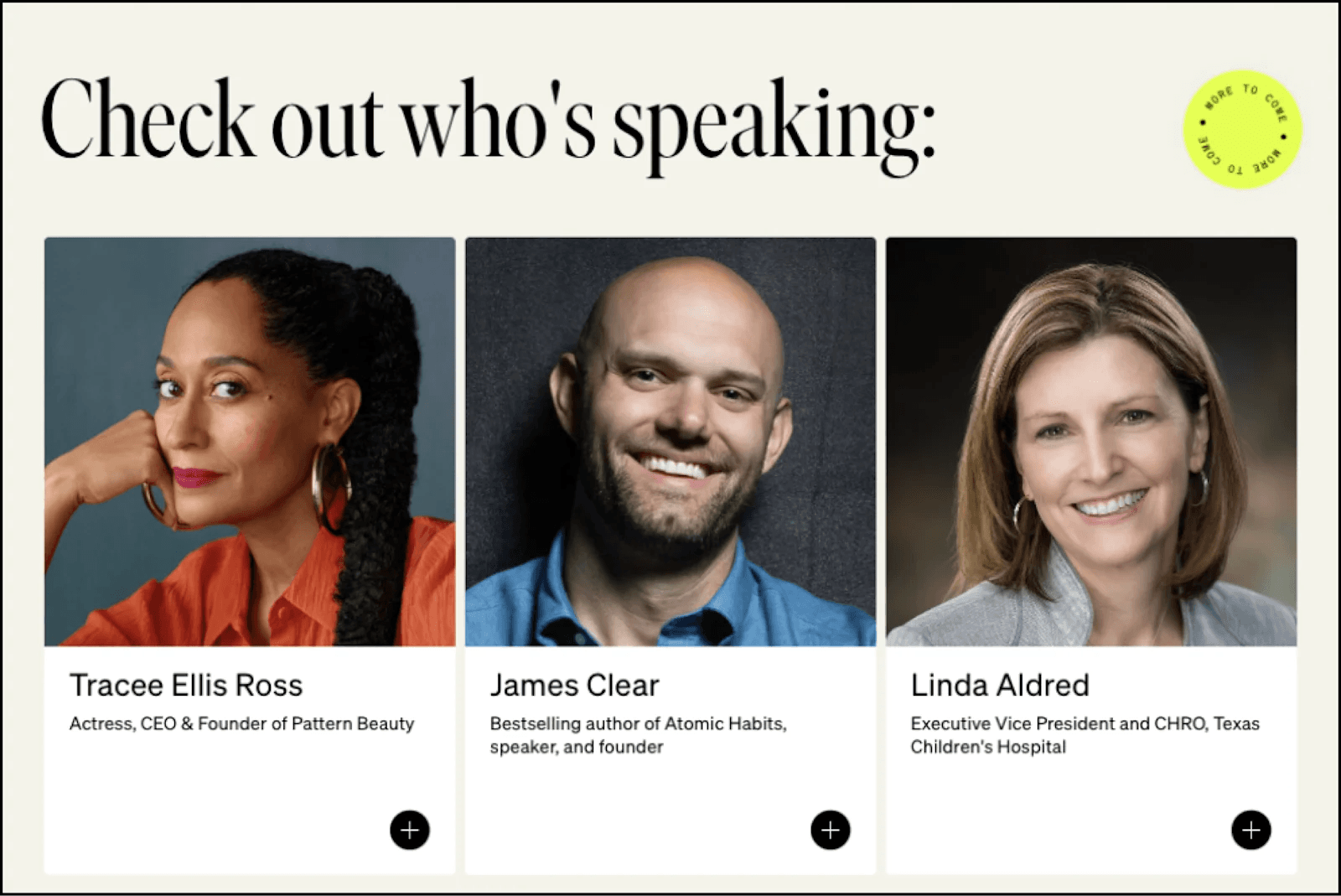 betterup 3 Three speakers: Tracee Ellis Ross, James Clear, and Linda Aldred, each with brief descriptions.