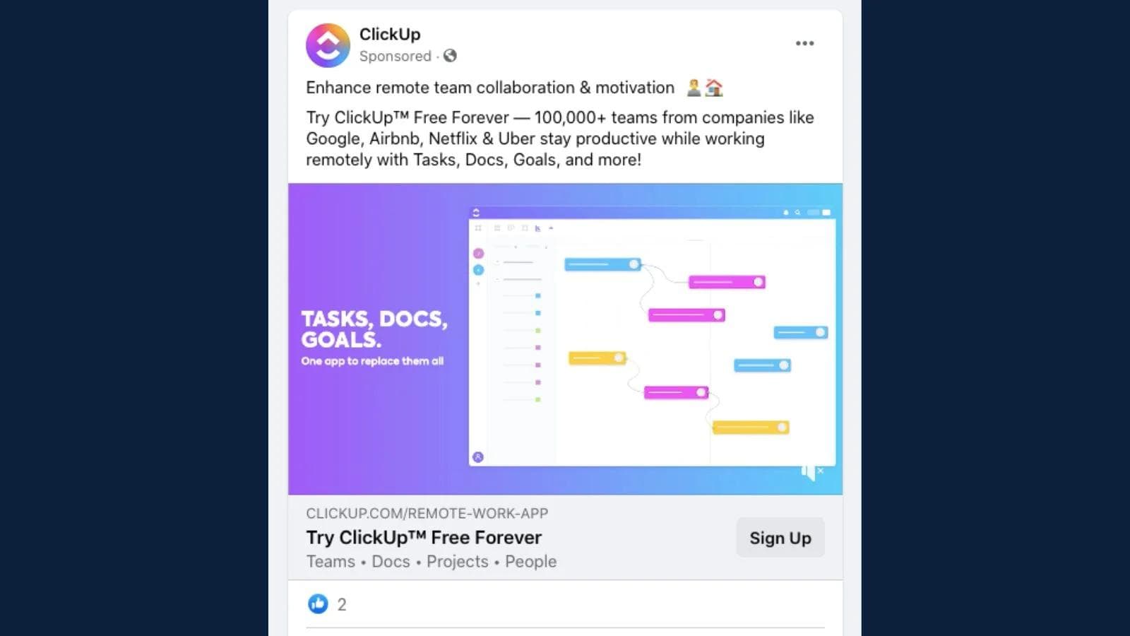 clickup-free-forever-ad-facebook Advertisement for ClickUp highlighting remote teamwork tools: tasks, docs, and goals. Includes a colorful interface preview.