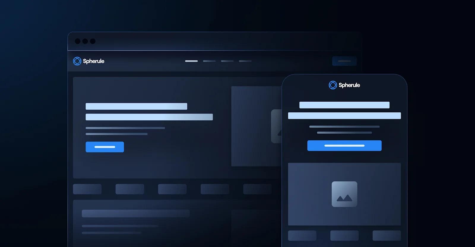 A dark-themed web and mobile interface displaying a logo and navigation elements for 'Spherule.'