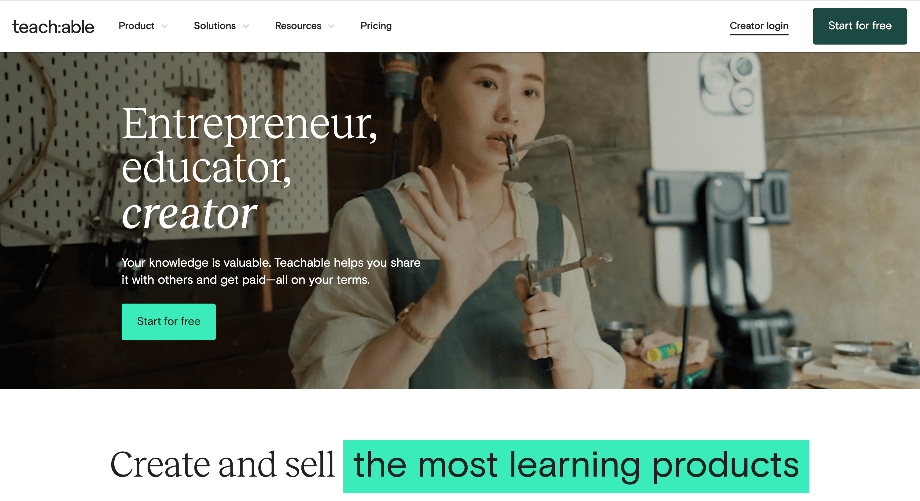 A woman demonstrates a tool while teaching, with a phone setup for recording, promoting an online learning platform.