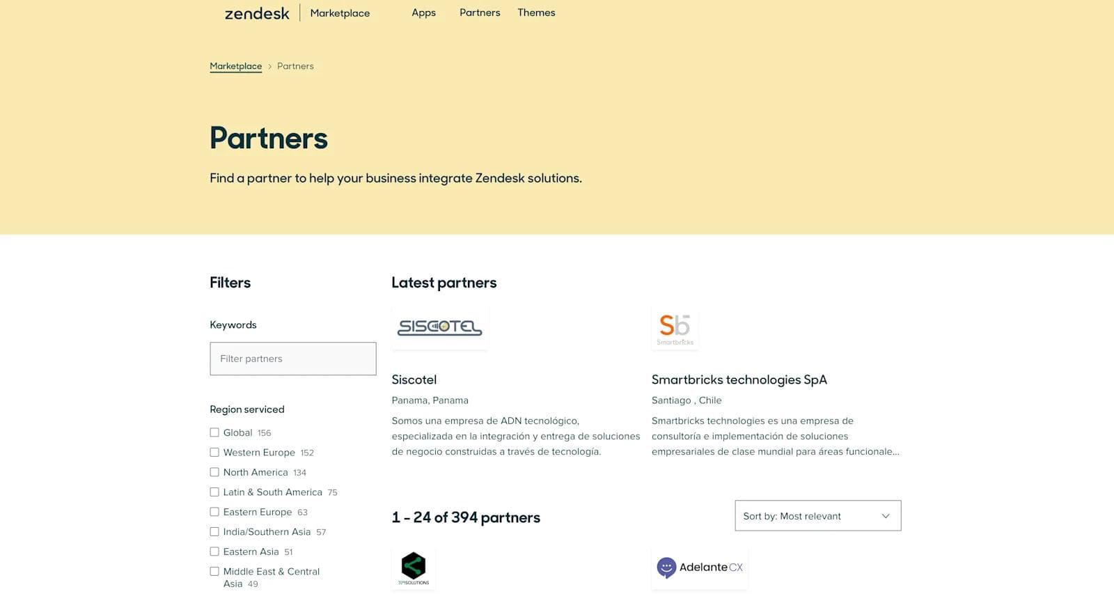 zendesk partners Zendesk marketplace partners page showcasing filters, latest partners, and integration solutions for businesses.