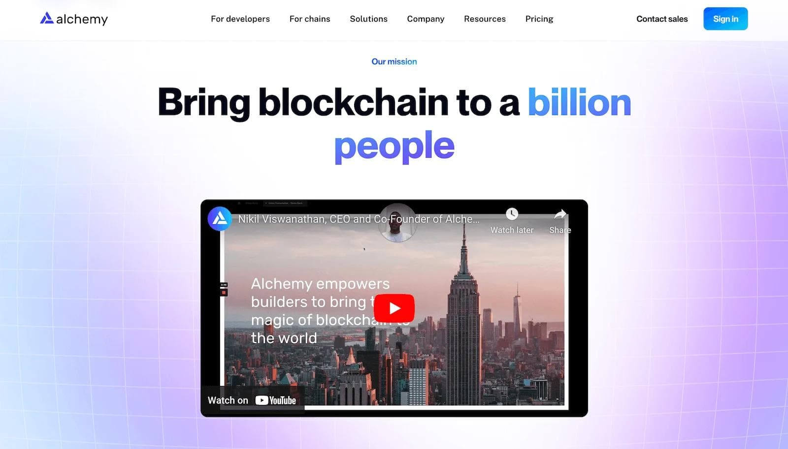 alchemy about Website screenshot for Alchemy promoting blockchain access, featuring a video and mission statement.