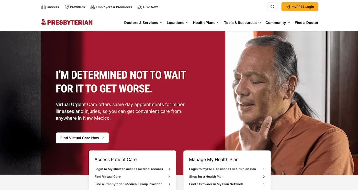 phs homepage ss Homepage of Presbyterian Healthcare, promoting virtual urgent care services and easy access to health management.