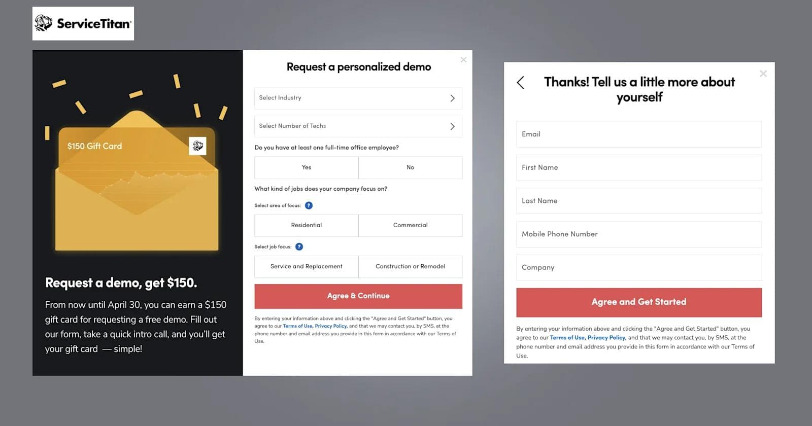servicetitan form Image promoting a $150 gift card offer for requesting a demo with ServiceTitan, featuring forms for user information.