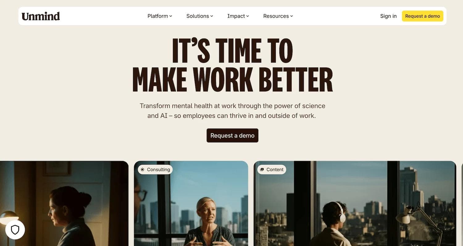 unmind hp Homepage of Unmind, promoting mental health at work with a focus on science and AI, featuring a "Request a demo" button.