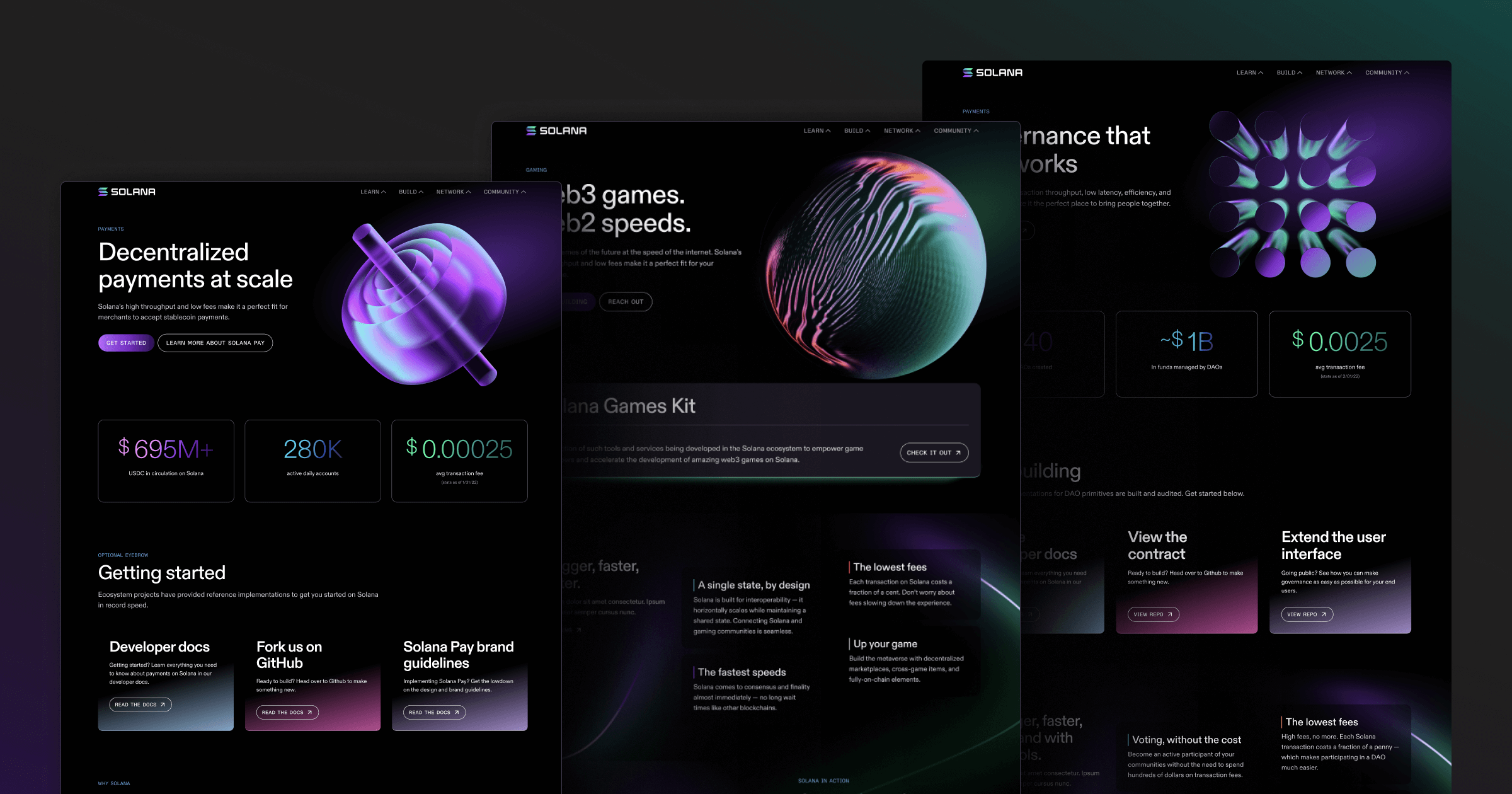 Three web pages showcasing Solana's decentralized payment system, features, and developer resources with a dark, modern design.