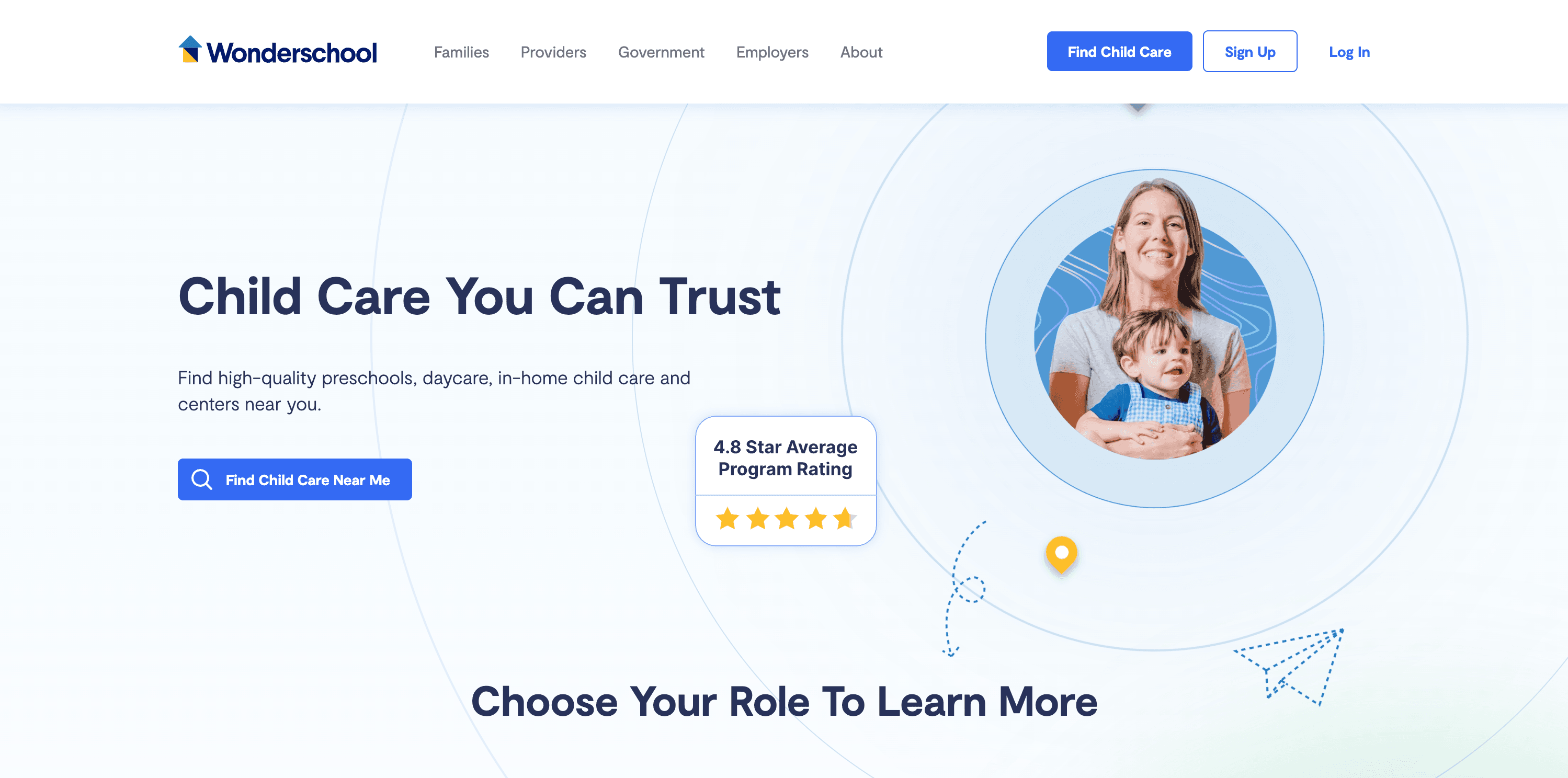Wonderschool website homepage featuring child care services and a smiling caregiver with a child.