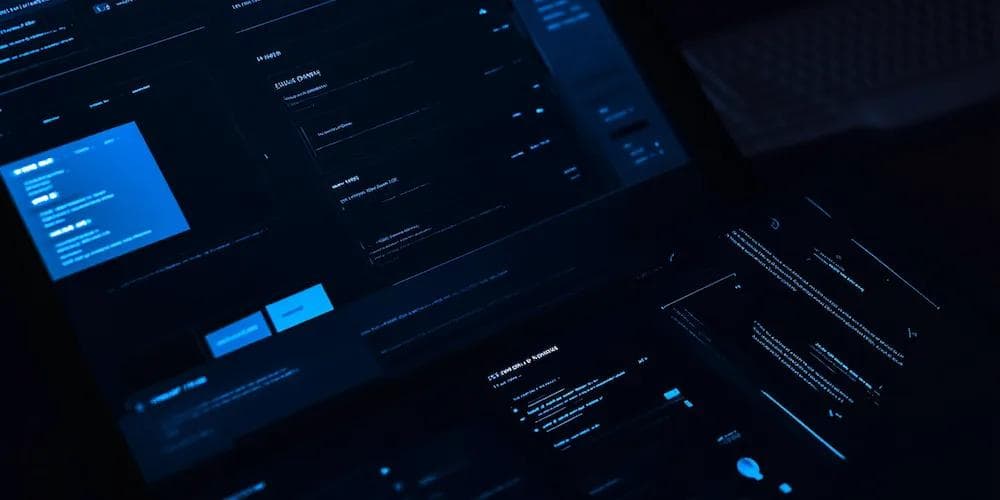 A dimly lit interface showcasing dark-themed software design elements and text fields on a screen.
