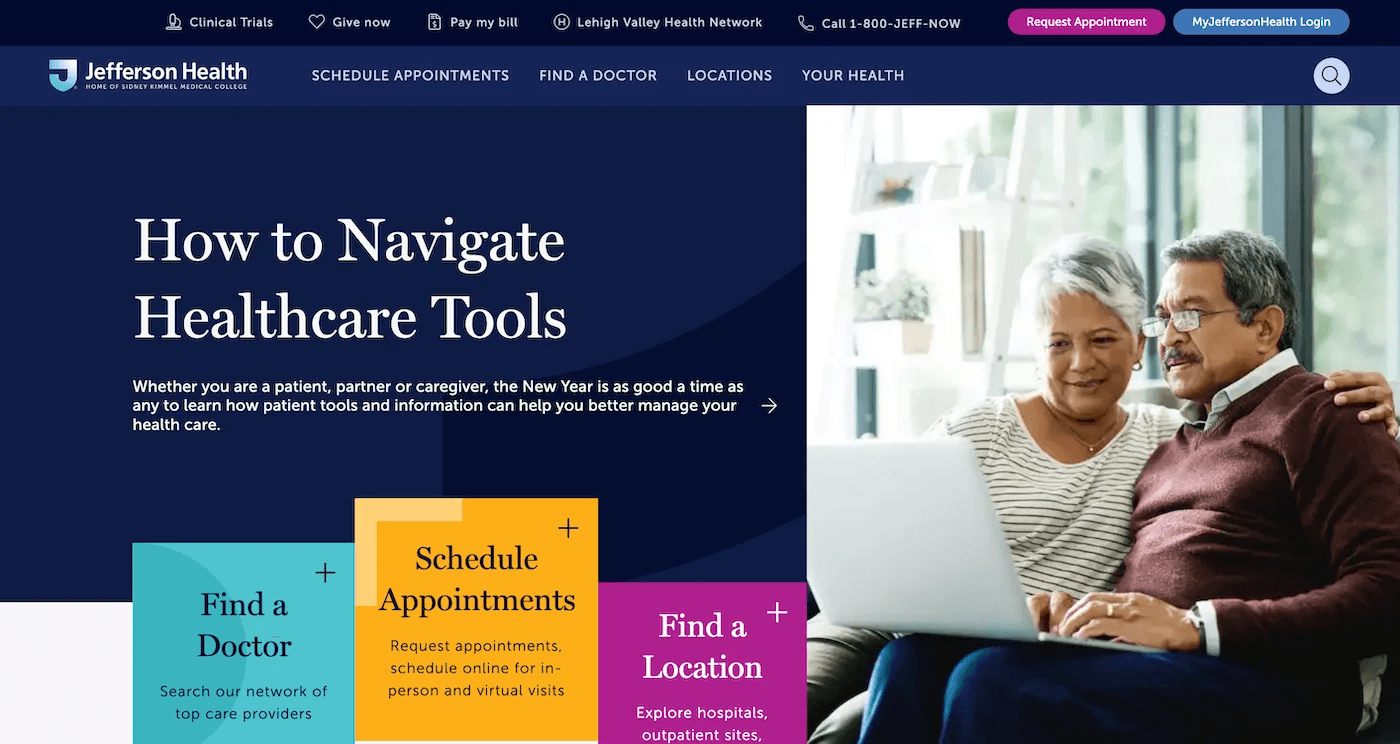 jefferson hp A couple attentively uses a laptop, exploring healthcare tools and resources together.