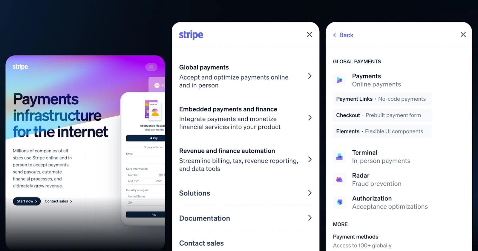 Stripe Mobile navbar Stripe payment interface showcasing options for online and in-person payments, with services and features listed.
