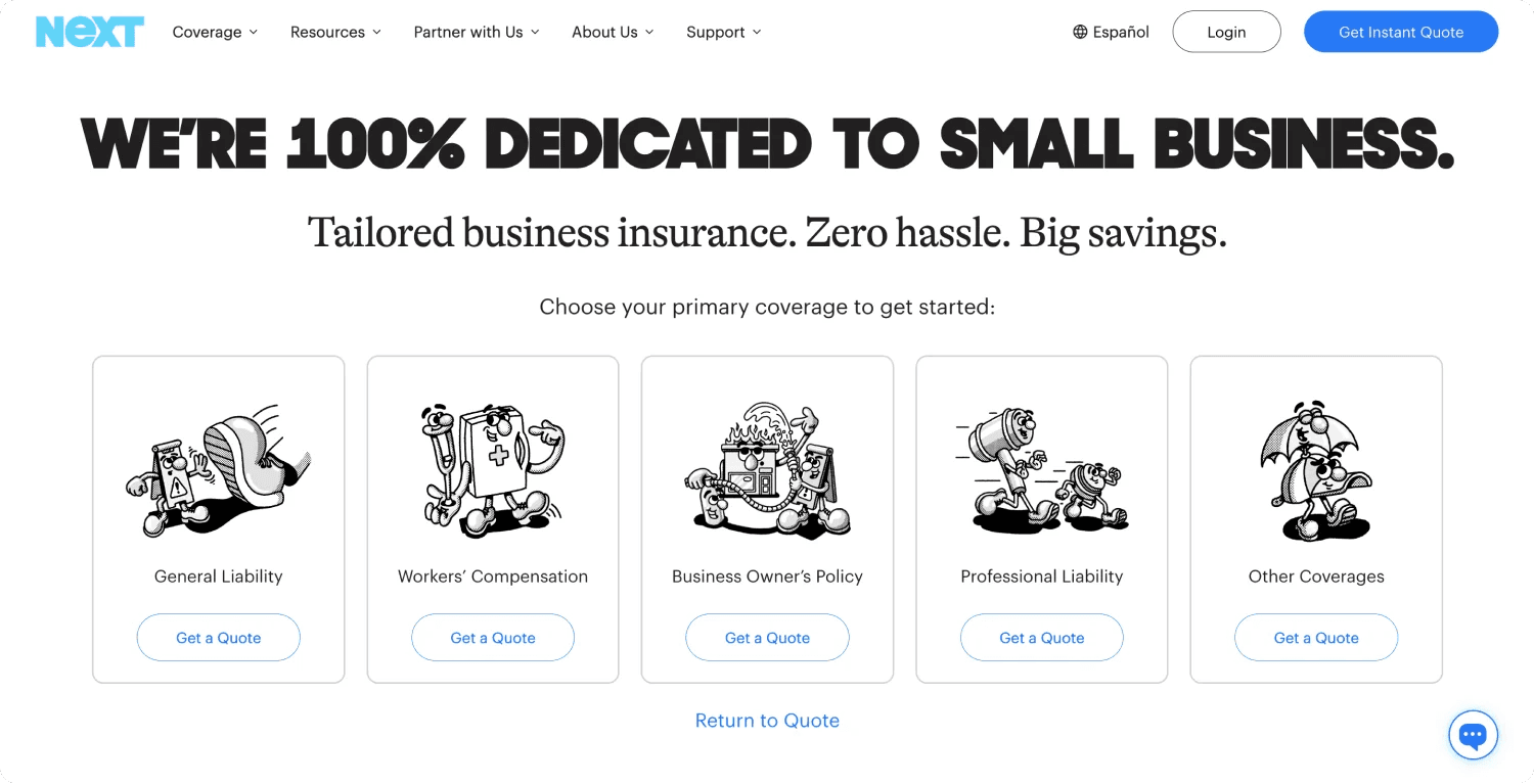 next homepage Homepage of NEXT featuring small business insurance options with illustrations and call-to-action buttons for quotes.