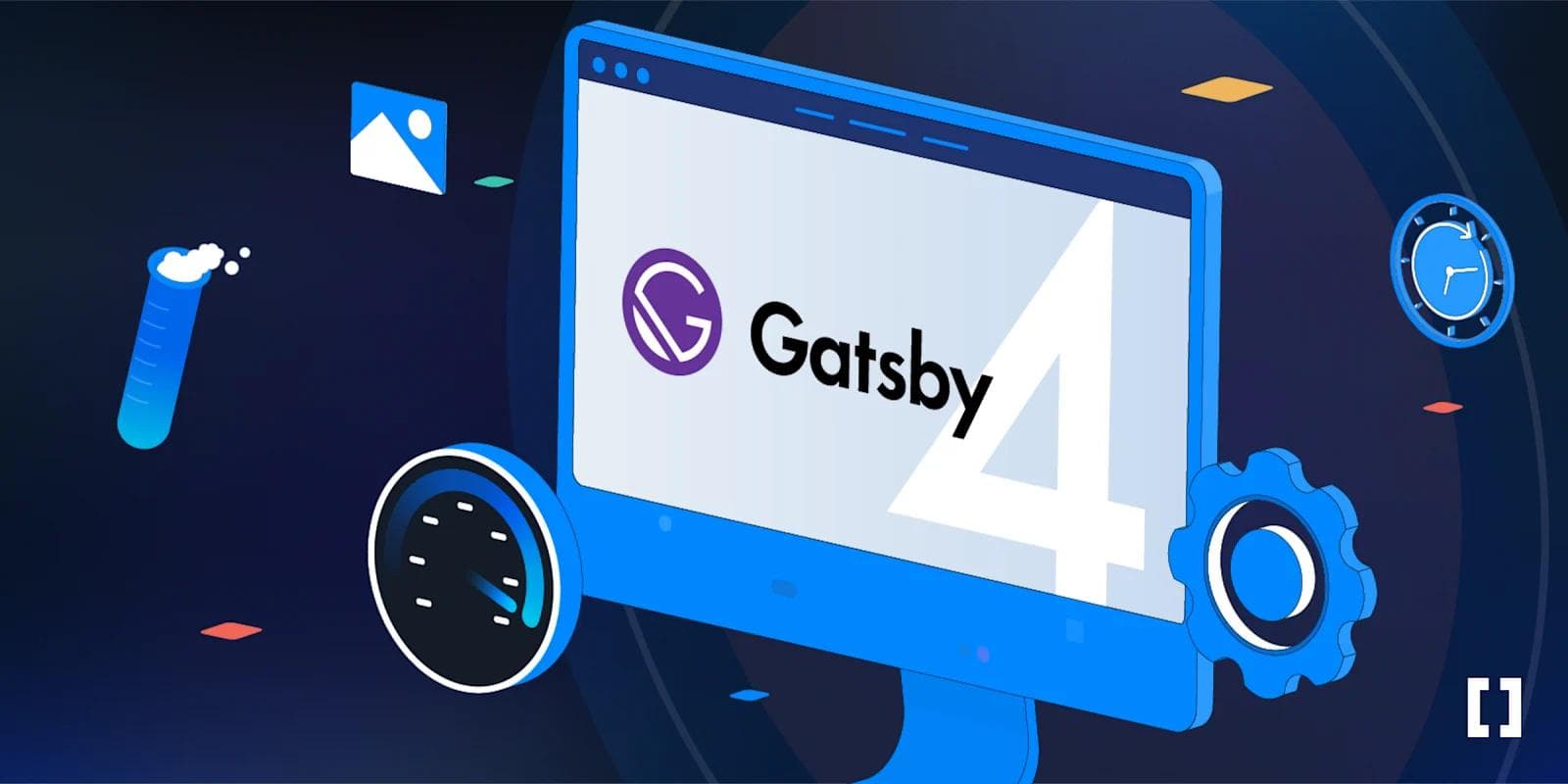 Illustration of a computer screen displaying the Gatsby logo, surrounded by icons representing development tools and concepts.