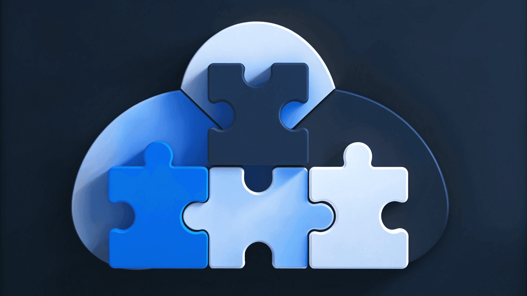 A cloud shape made of interlocking puzzle pieces in shades of blue and white on a dark background. The image conveys unity and integration.