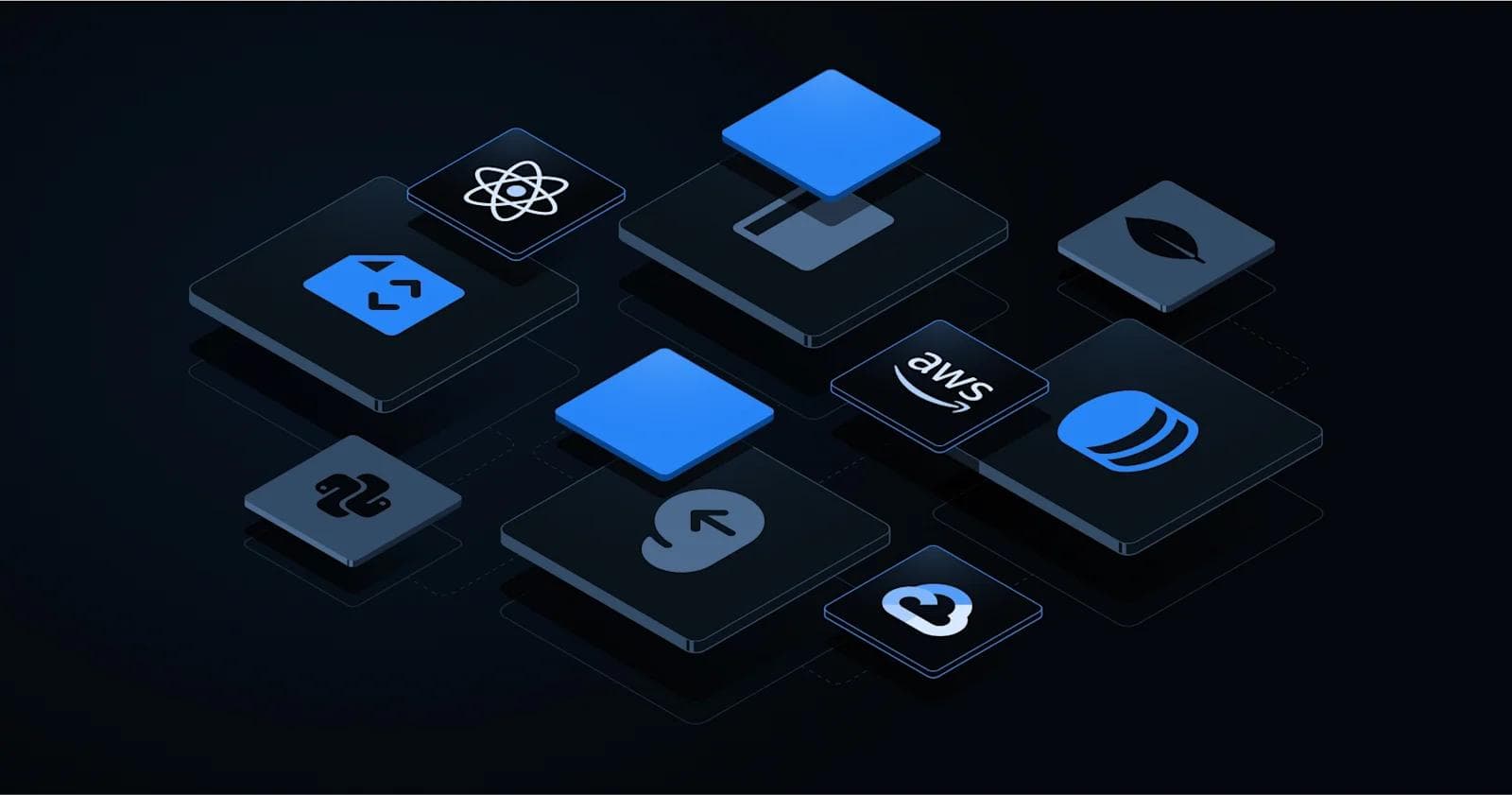 A collection of technology icons on a dark background, featuring AWS, Python, React, and others arranged in a grid.