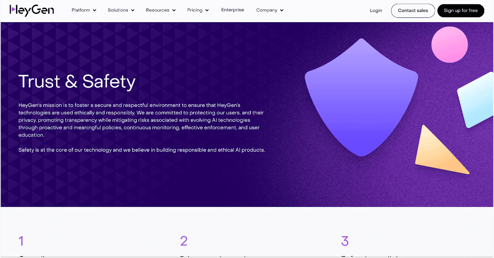 Purple background with abstract shapes featuring text on Trust & Safety and ethical AI practices by HeyGen.