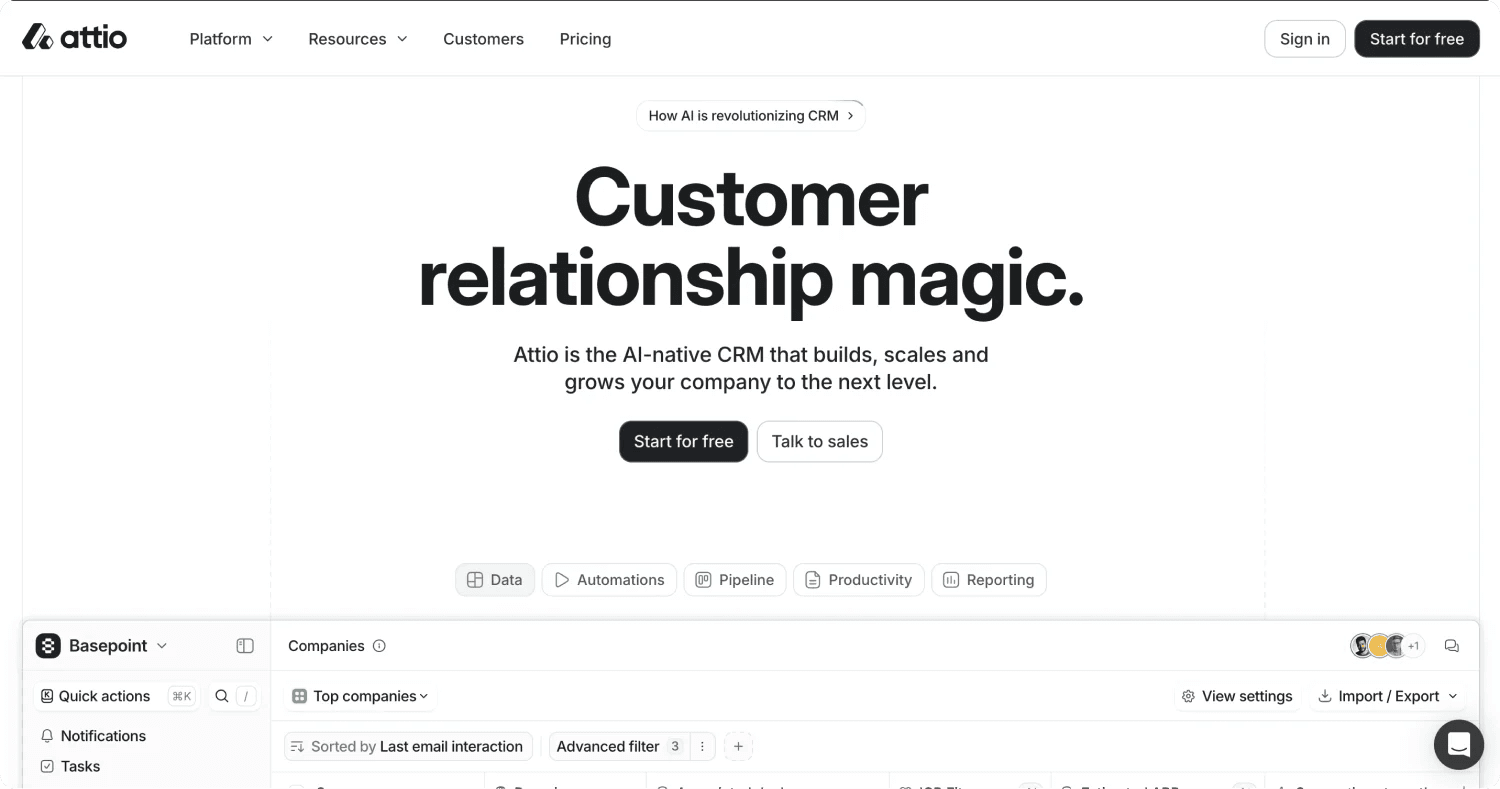 attio homepage Screenshot of Attio's CRM homepage highlighting "Customer relationship magic" and options to start free or talk to sales.