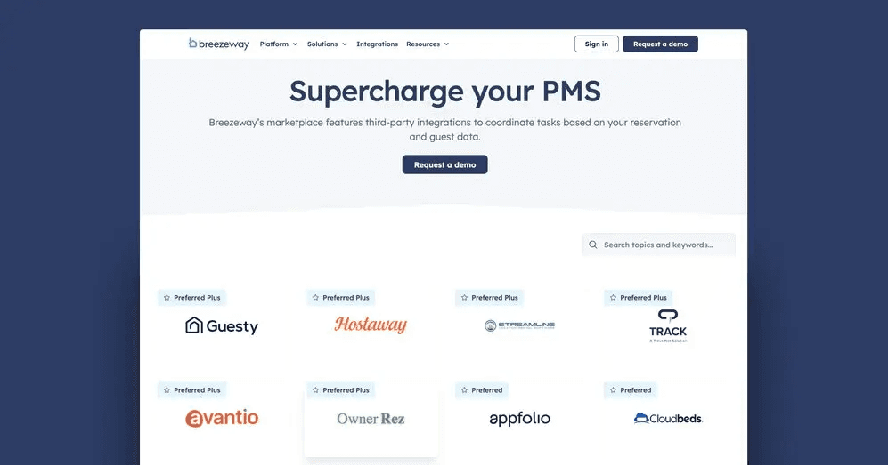 Breezeway homepage showcasing third-party integrations to enhance property management systems.