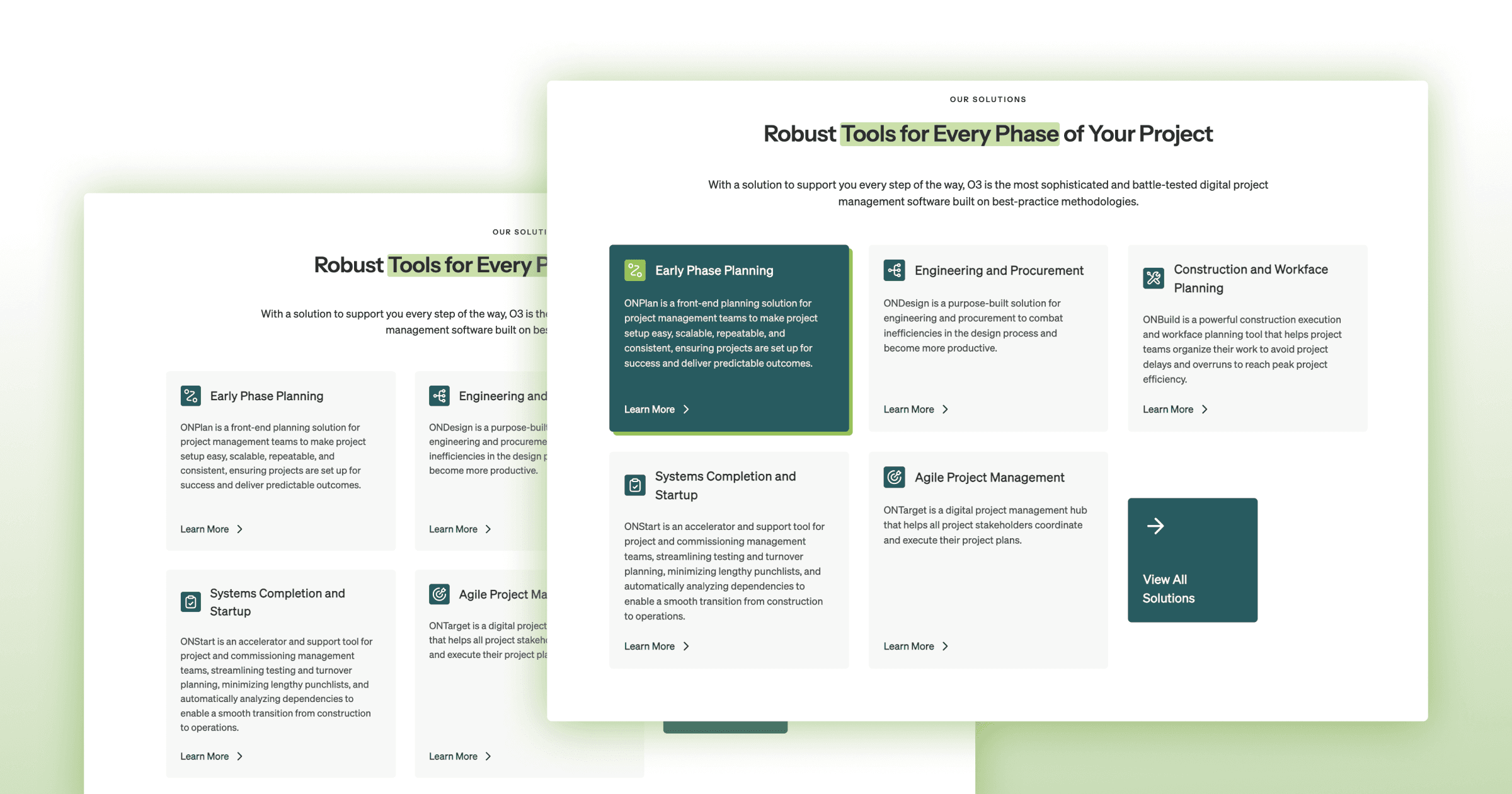 Webpage showcasing project management solutions, highlighting features like early phase planning and workflow efficiency tools.