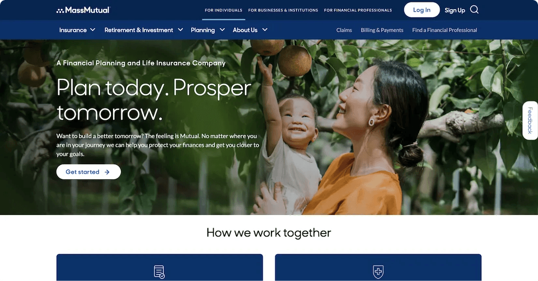 mass mutual homepage Homepage of MassMutual with a mother and child in an orchard, showcasing financial planning and insurance services.