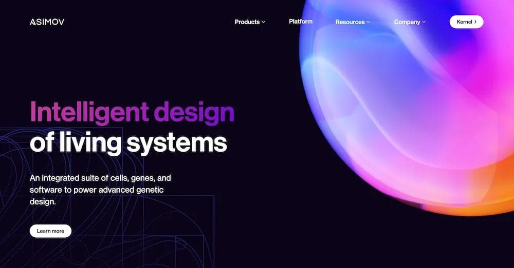 asimov homepage Homepage of ASIMOV featuring text about intelligent design of living systems with colorful abstract visuals.