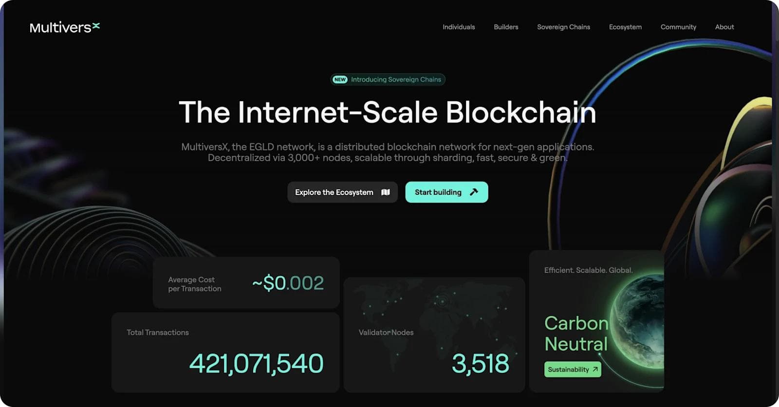 multiversx-homepage Homepage for MultiversX showcasing features of its blockchain network, including transaction costs and sustainability.