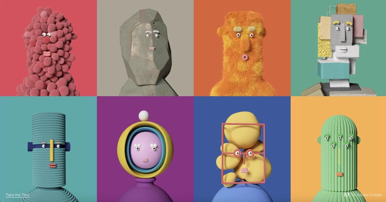 Adobe Creative Types Image Colorful, quirky 3D characters arranged in a grid, showcasing various shapes and facial expressions.