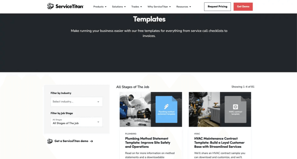 ServiceTitan webpage displaying templates for service call checklists and invoices, with filters for industry and job stage.
