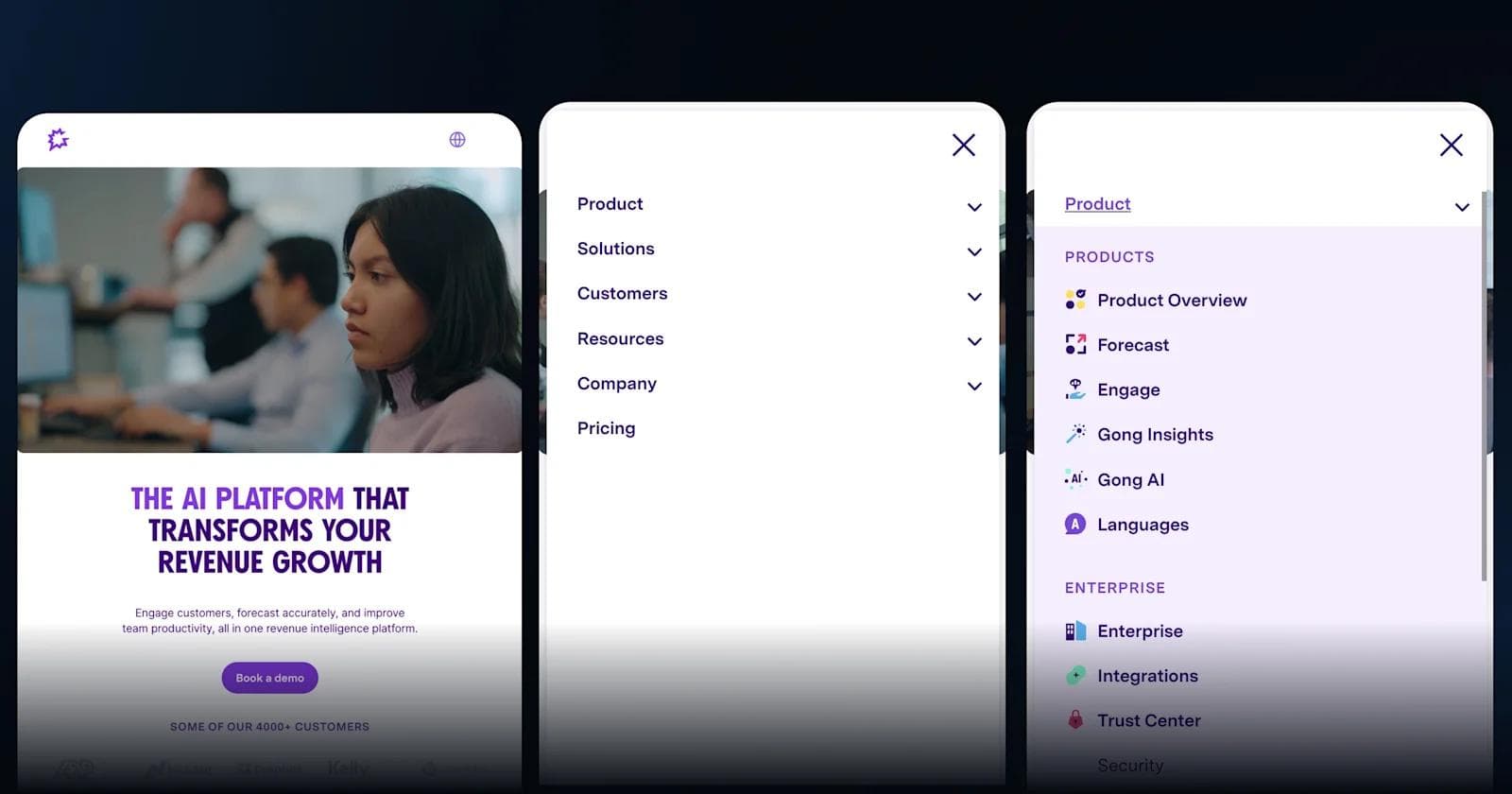 Gong Mobile Menu Design A woman using a computer in an office, with an interface showcasing AI product features and navigation options.