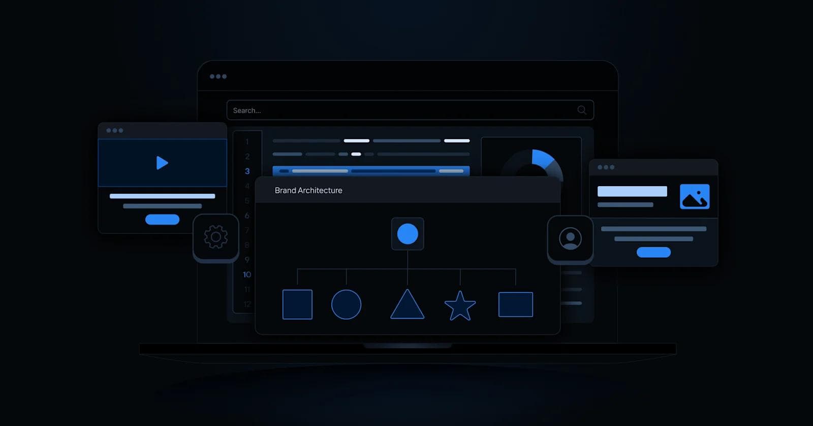 A dark-themed interface showcasing brand architecture with various shapes and data visualizations on a laptop screen.