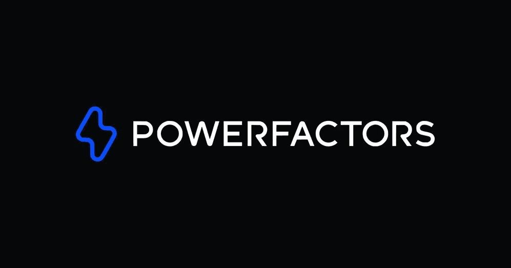 Logo of PowerFactors featuring stylized text on a black background.