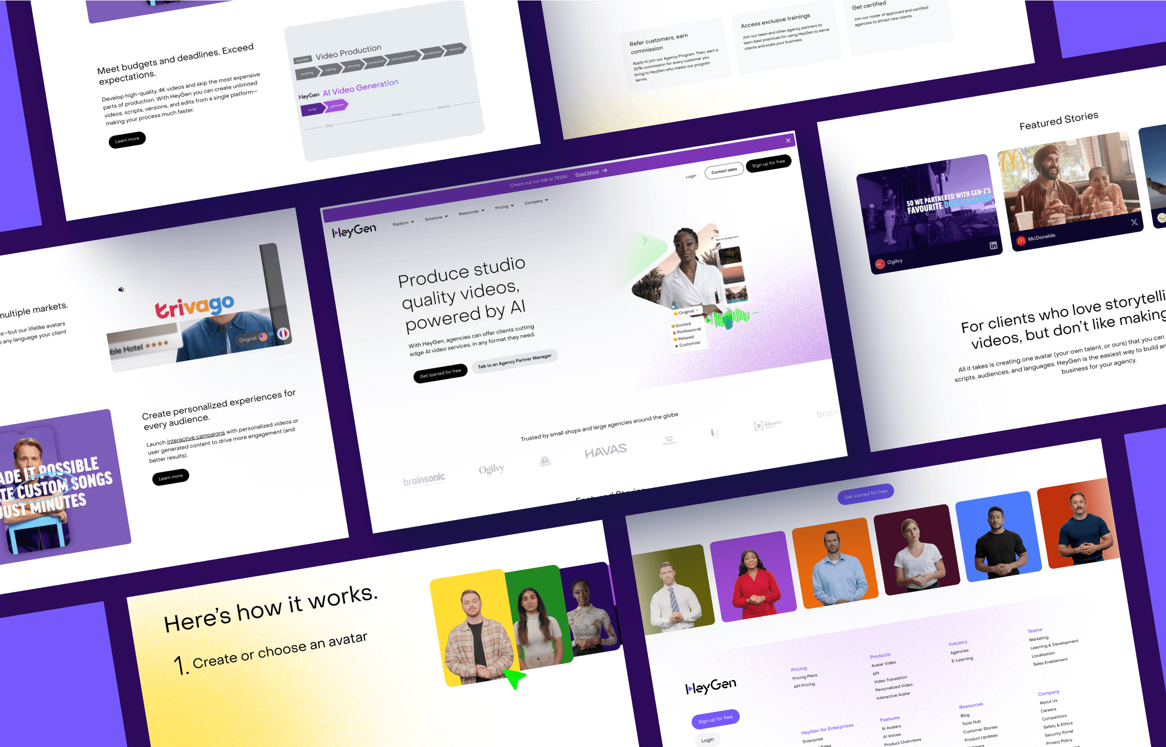 Screenshots of HeyGen's website promoting AI-generated video production services and personalized experiences.