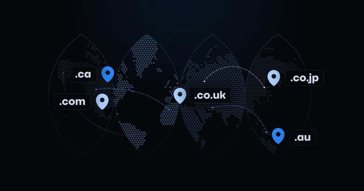 Graphics displaying global domain extensions (.ca, .com, .co.uk, .co.jp, .au) with a world map backdrop.