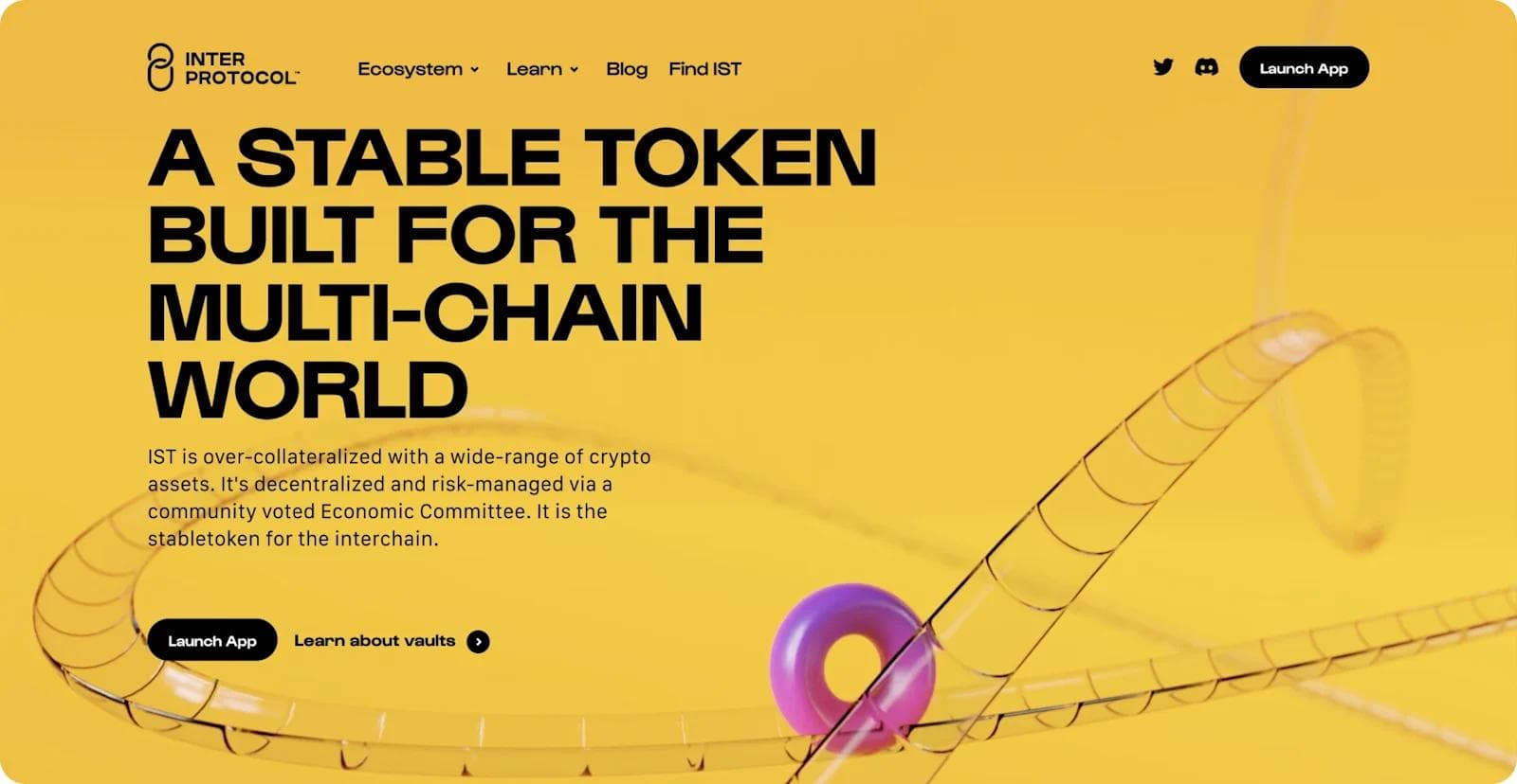 inter-protocol A bright yellow graphic promoting IST, a stable token for multi-chain environments, with a looped design element.