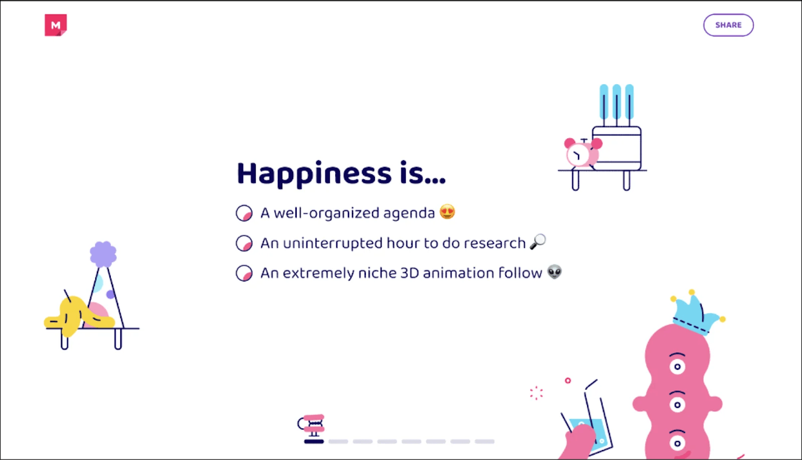 mural 3 Lighthearted list defining happiness with colorful illustrations and emojis, including organization and research.