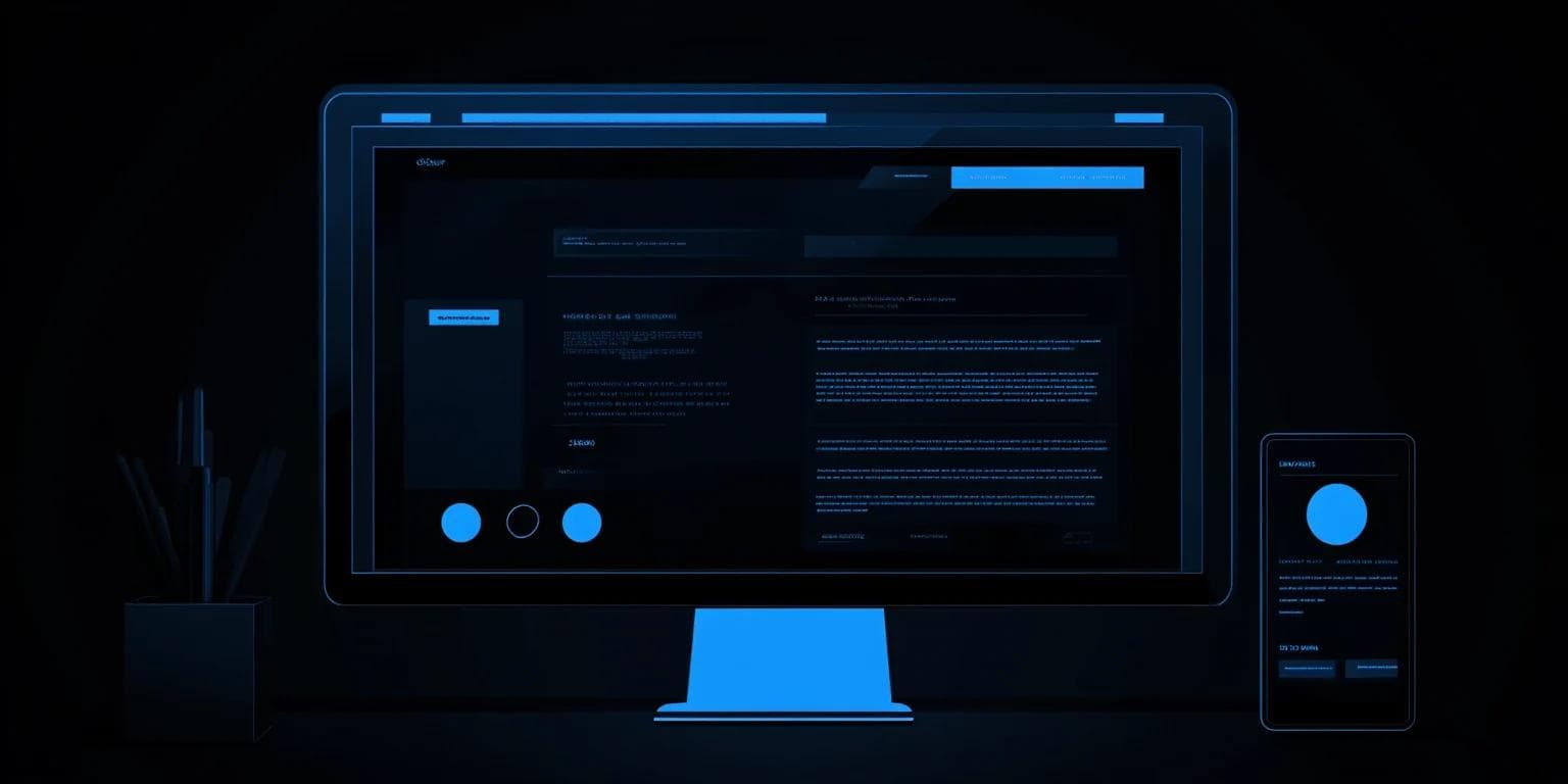 A digital interface displayed on a monitor and smartphone, featuring a dark theme with blue accents and visible text.