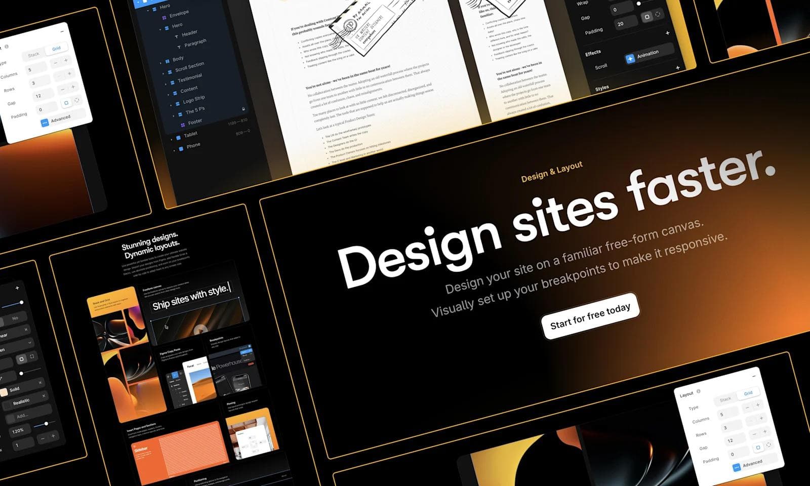 Framer product page A digital design tool interface showcasing various layout options and features for faster website creation.