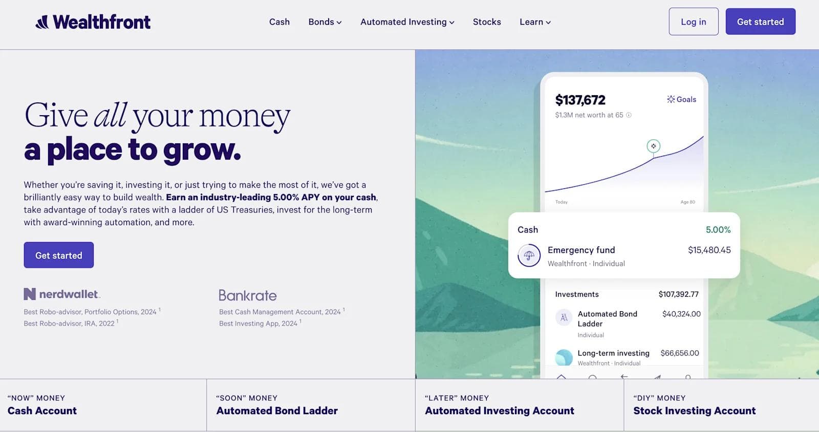 wealthfront web design Wealthfront website showcasing investment options, including cash, bonds, and automated investing, with financial goals displayed.