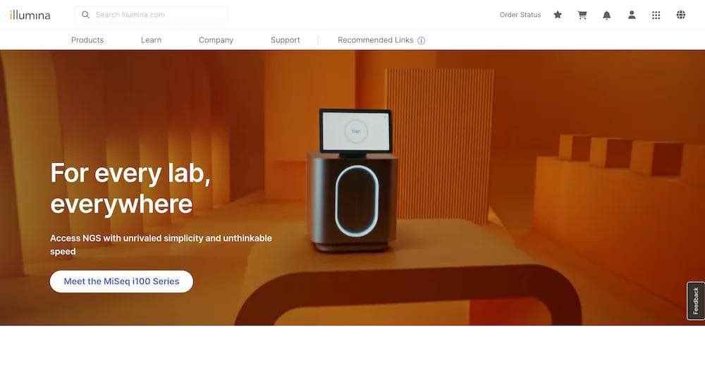 illumina homepage A modern lab device displayed in an orange setting, promoting the MiSeq i100 Series for next-generation sequencing.