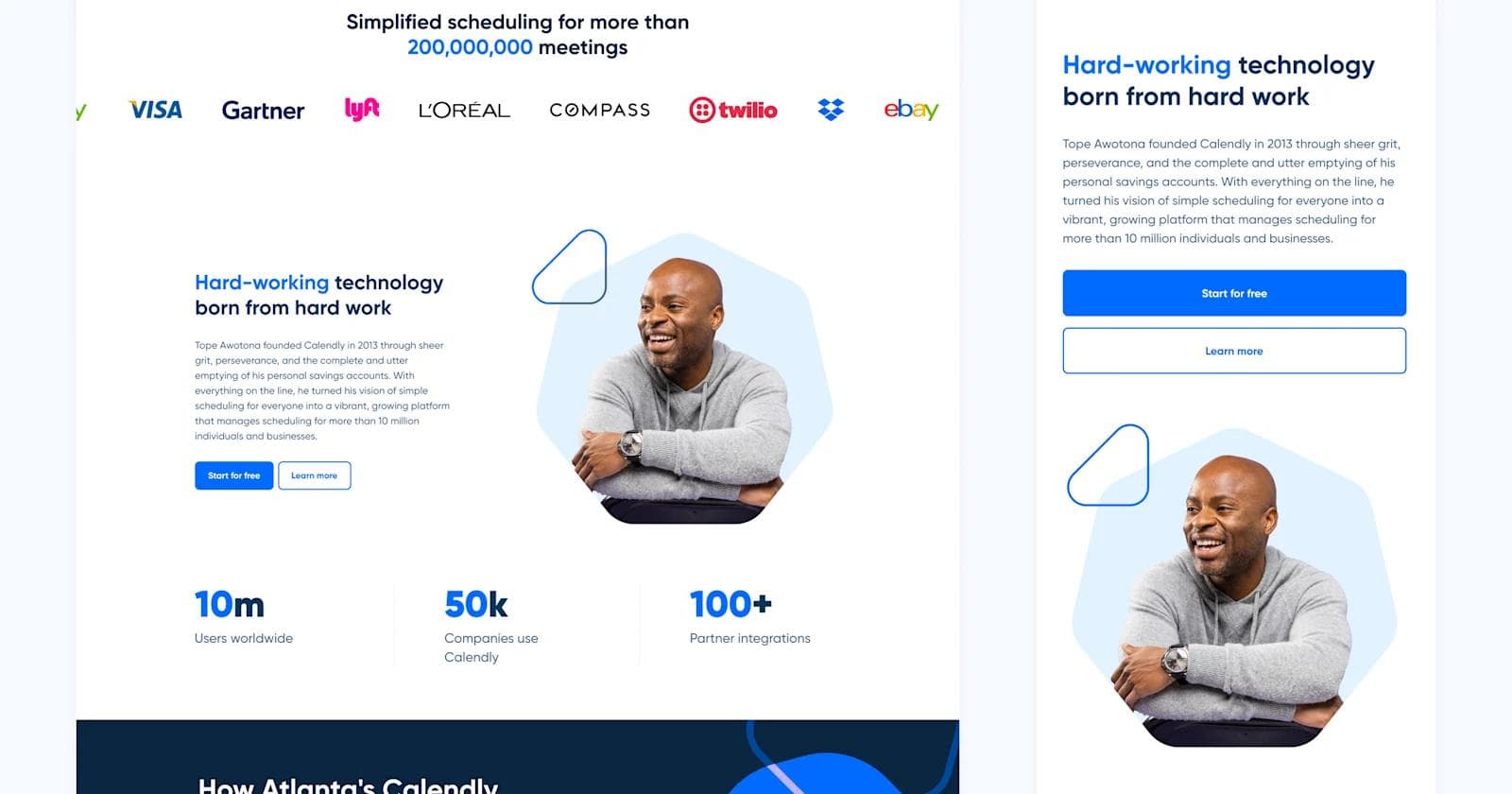 Calendly-Case-Study-Page A smiling man in a gray hoodie appears on a webpage promoting Calendly's scheduling platform.