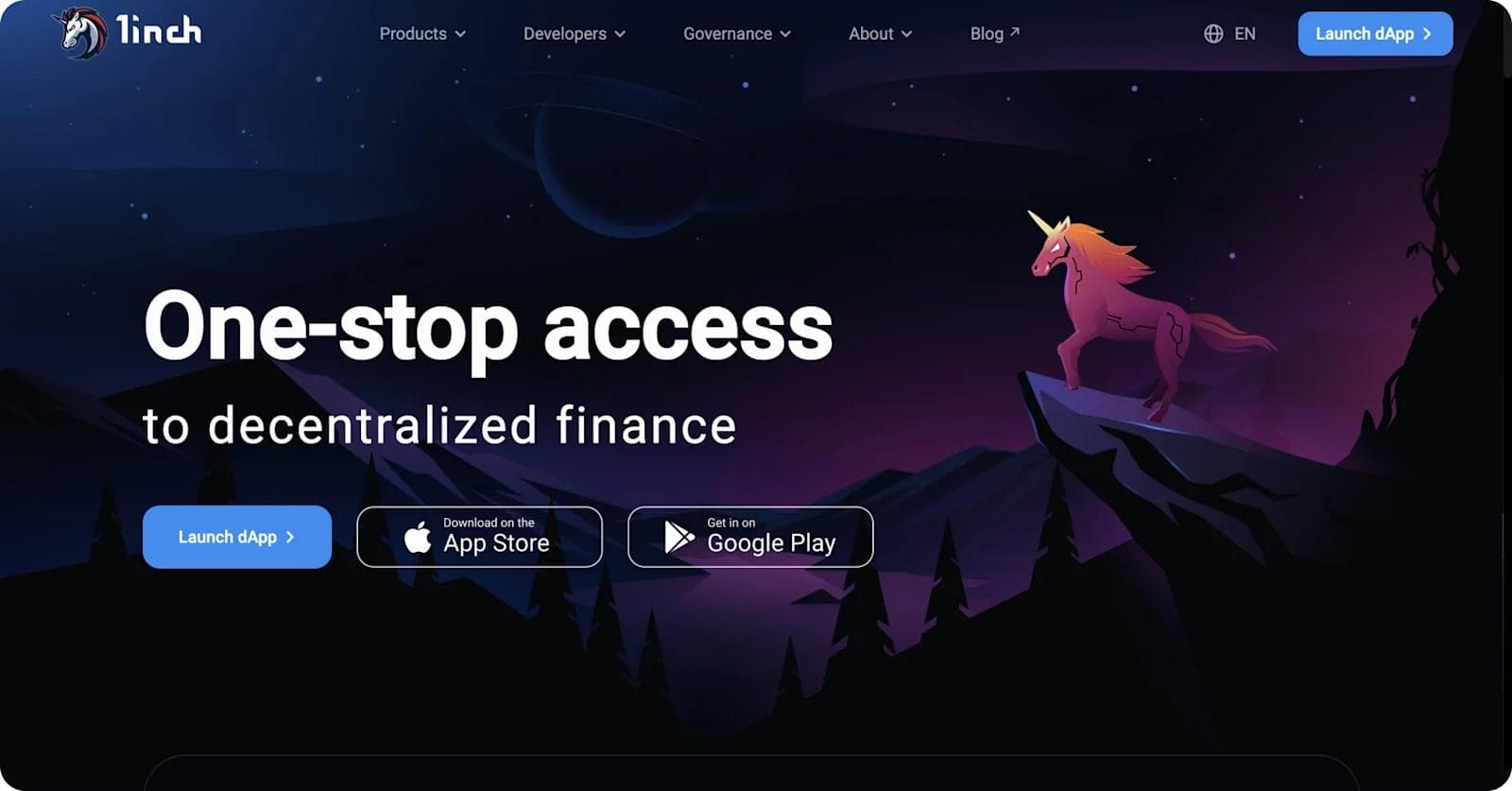 1inch-homepage Website banner for 1inch, featuring a pink unicorn on a mountain and text promoting decentralized finance access.